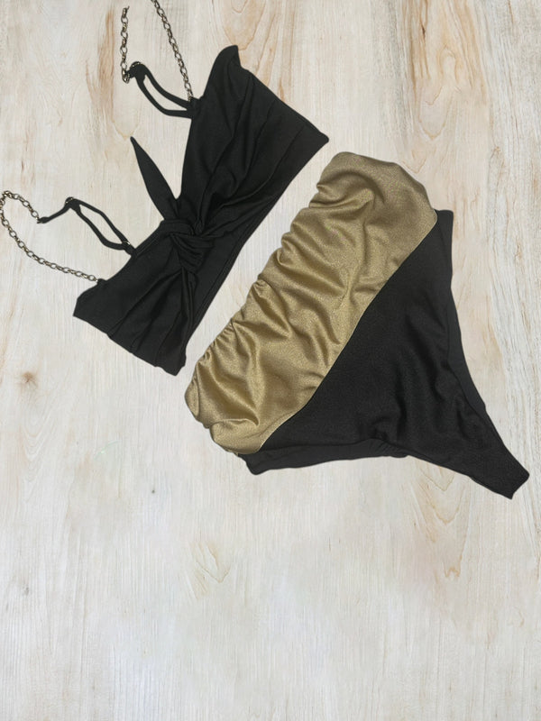 Black and Gold Glam Chain-Strap Bikini Set 01