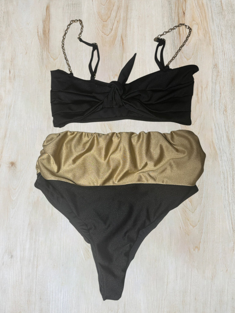 Black and Gold Glam Chain-Strap Bikini Set