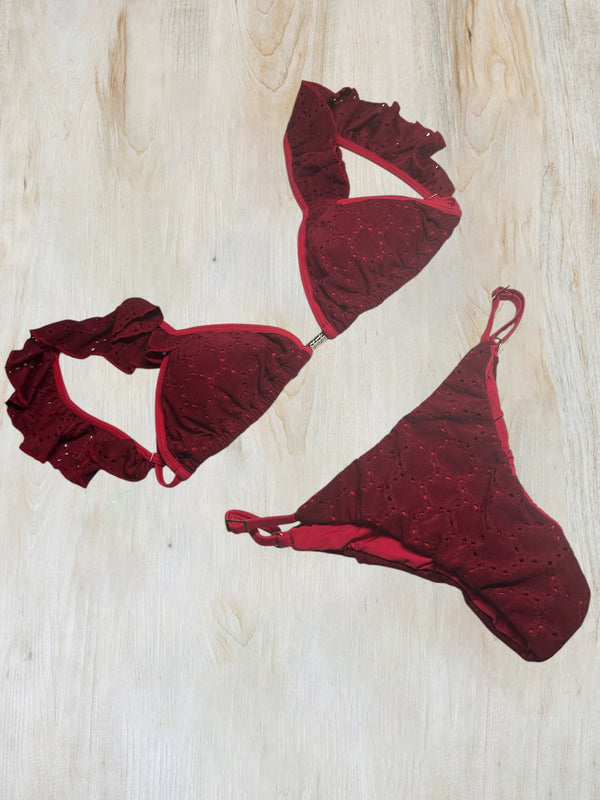 Ruffled Burgundy Eyelet Bikini Set 01