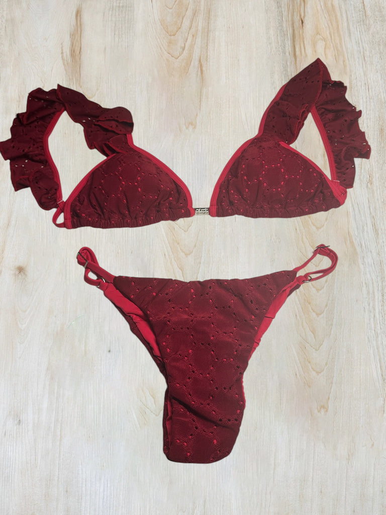 Ruffled Burgundy Eyelet Bikini Set